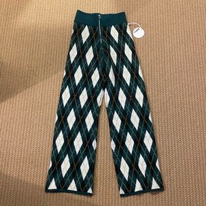 STAUD Green and White Argyle Pants